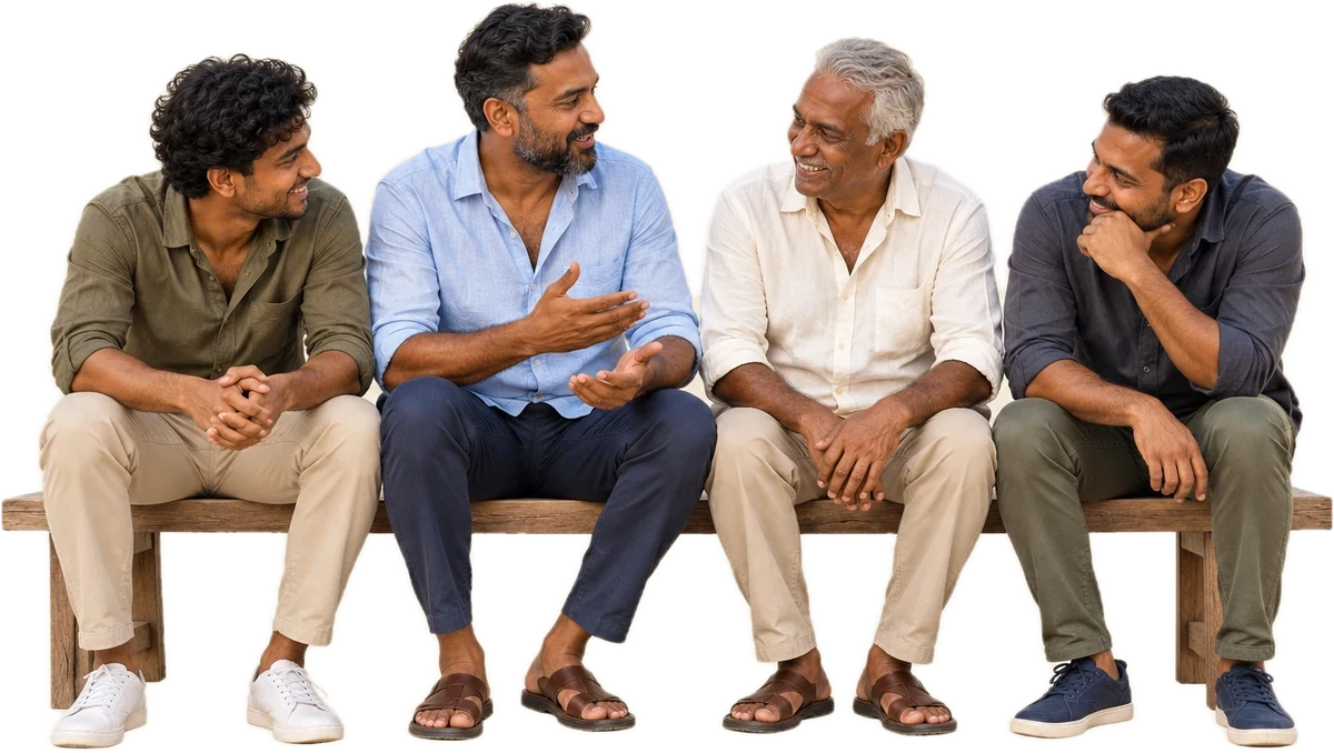 Four Sri Lankan men of different ages sitting together on a wooden bench, talking and laughing