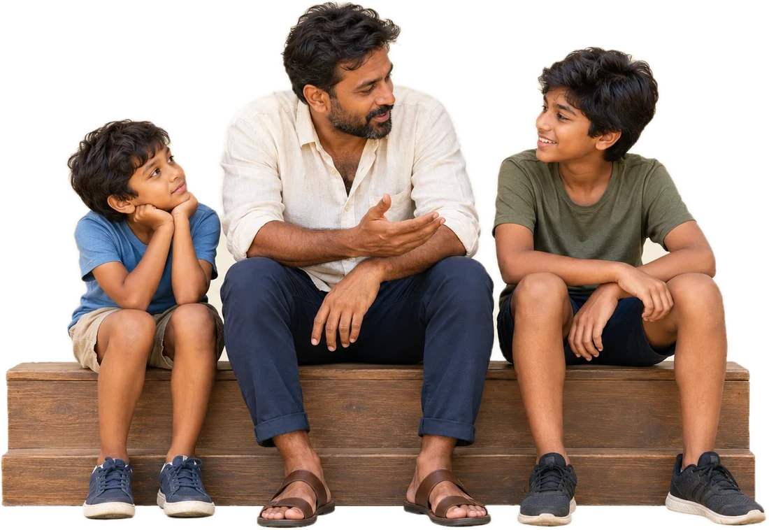 A man sitting on a wooden step talking with two boys, who look up at him as they listen